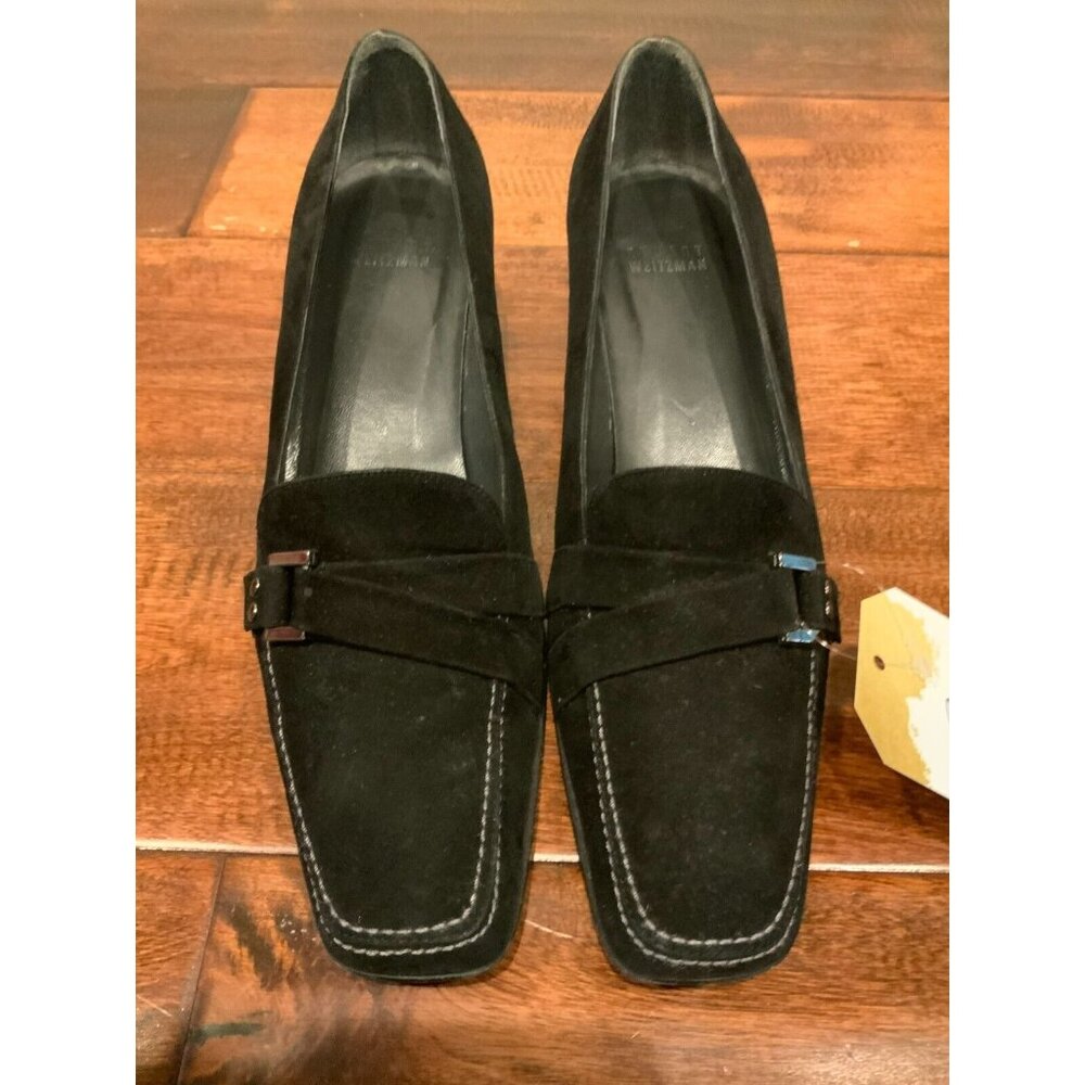 Stuart Weitzman Black Suede Square Toe Kitten Heel Loafers, Size 7.5 (US)